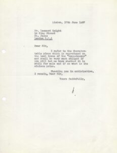 Carta de António de Medeiros e Almeida ao antiquário Leonard Knight, a 17 de junho de 1957, Arquivo do Museu Medeiros e Almeida