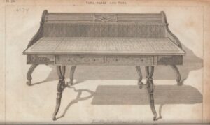 Sofa-table e sofá. Thomas Sheraton, “Cabinet Dictionary” (Londres: W. Smith, 1803), chapa76